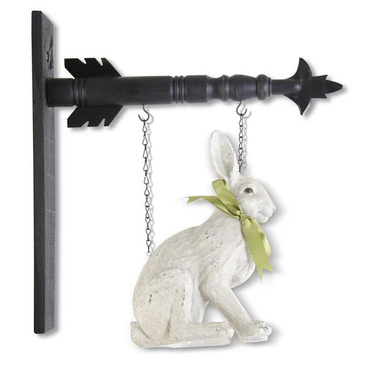 Sitting White Bunny Rabbit with Green Ribbon Bow Hanging Arrow Replacement Sign