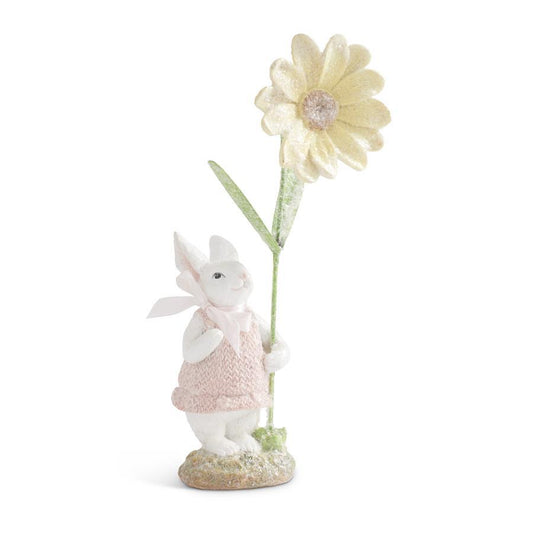 Glitter Bunny Rabbit in Pink Dress and Bow Holding Large Daisy Flower