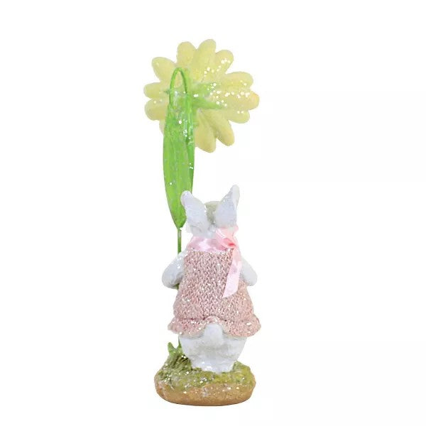 Glitter Bunny Rabbit in Pink Dress and Bow Holding Large Daisy Flower