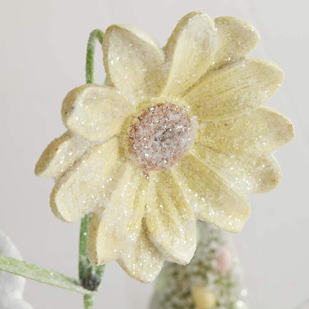 Glitter Bunny Rabbit in Pink Dress and Bow Holding Large Daisy Flower