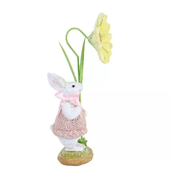 Glitter Bunny Rabbit in Pink Dress and Bow Holding Large Daisy Flower