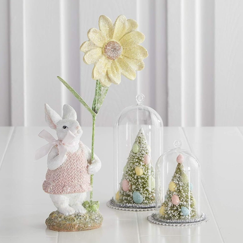 Glitter Bunny Rabbit in Pink Dress and Bow Holding Large Daisy Flower