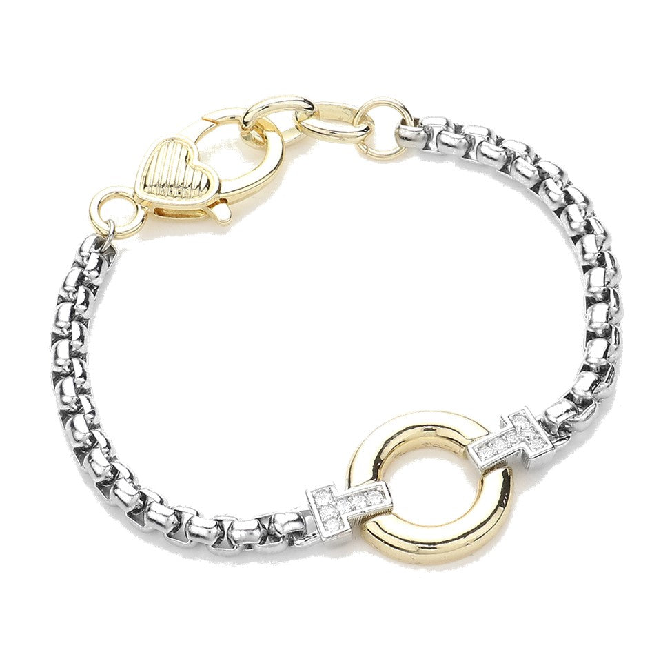 14K Gold Plated CZ Cubic Zirconia Stone Pave Circle Two Tone Bracelet