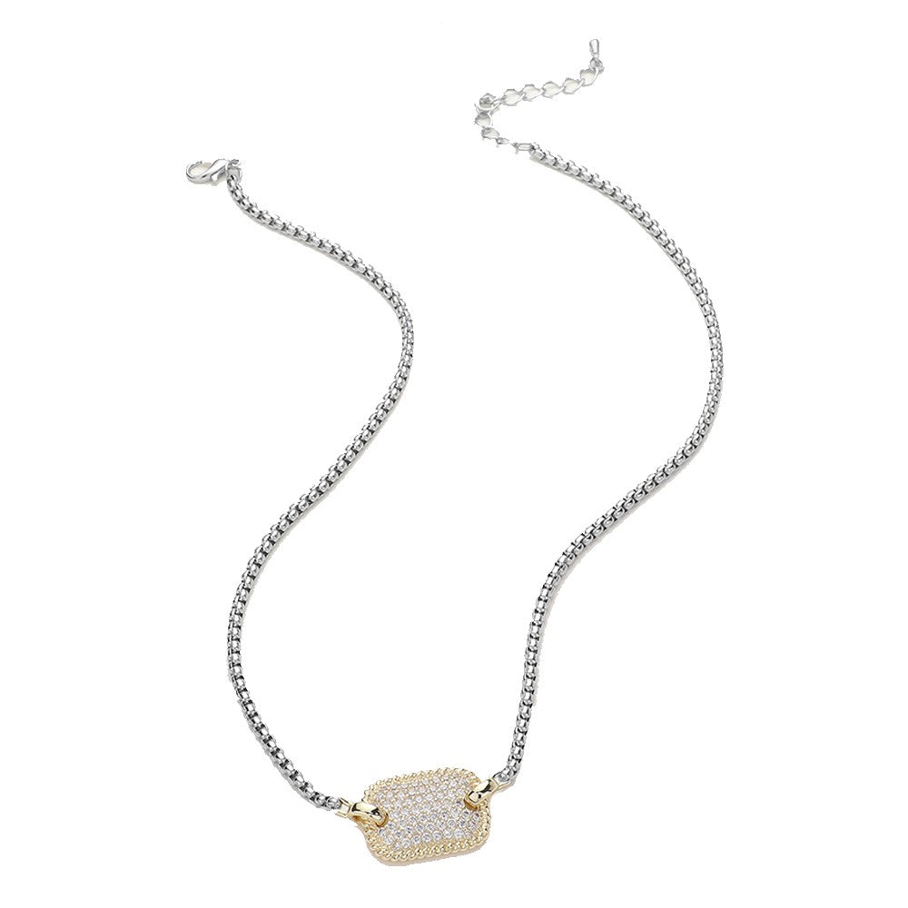 14K Gold Plated CZ Cubic Zirconia Pave Rectangle Plate Pendant Necklace
