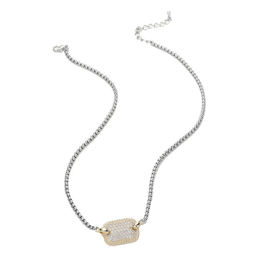 14K Gold Plated CZ Cubic Zirconia Pave Rectangle Plate Pendant Necklace