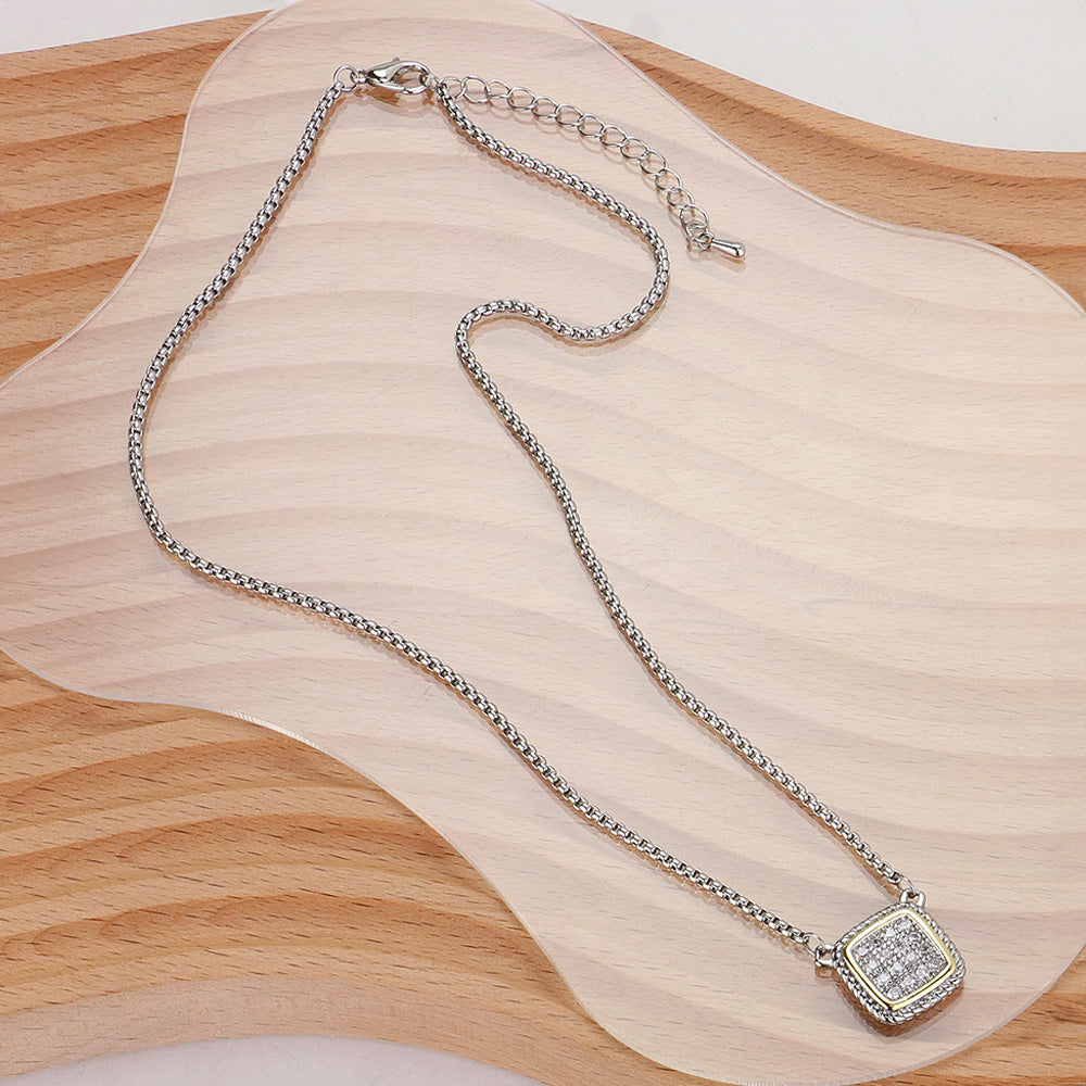 14K Gold Plated CZ Cubic Zirconia Stone Pave Square Pendant Necklace
