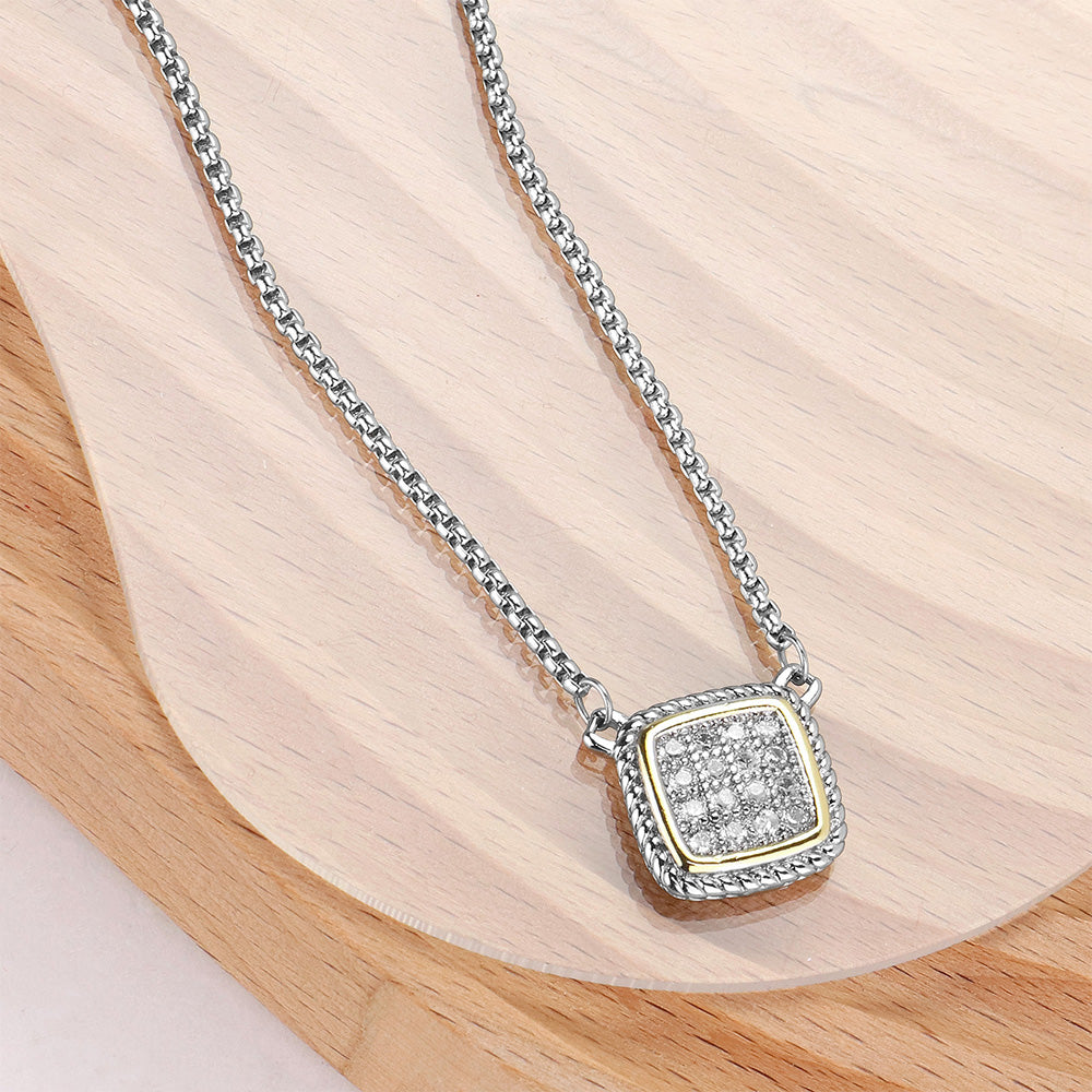 14K Gold Plated CZ Cubic Zirconia Stone Pave Square Pendant Necklace