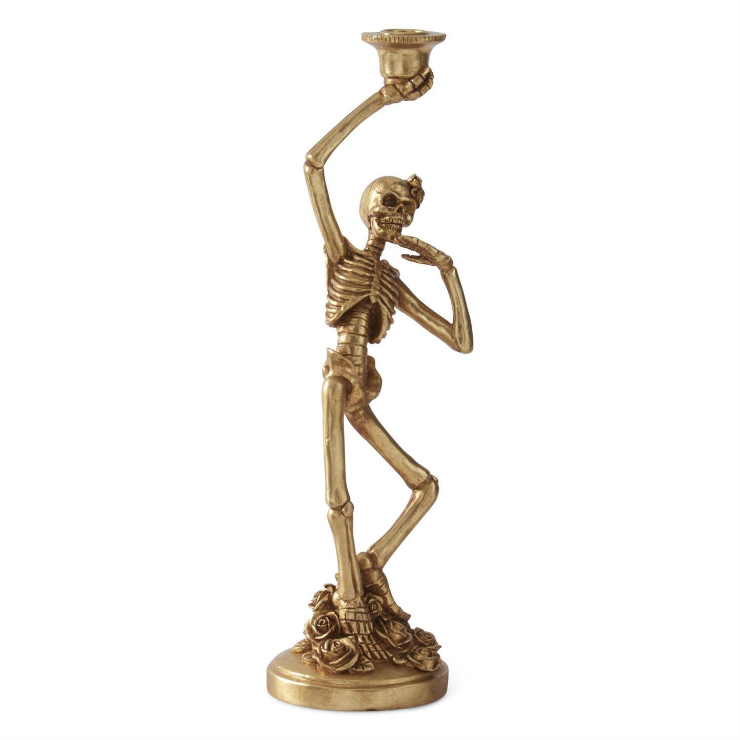 Gold skeleton candle holder on a white background