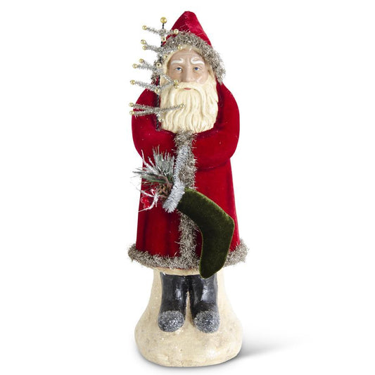 Red Coat Santa with Stocking & Silver Christmas Tree