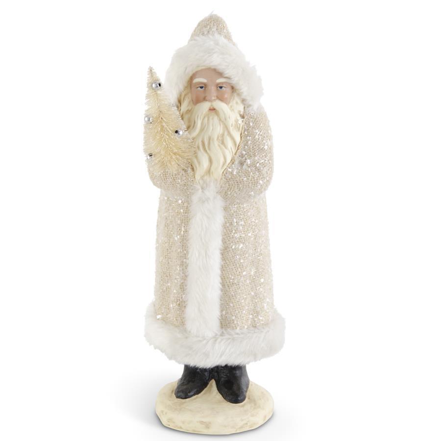 Cream Glittered Fur Trimmed Santa Holding Bottle Brush Christmas Tree