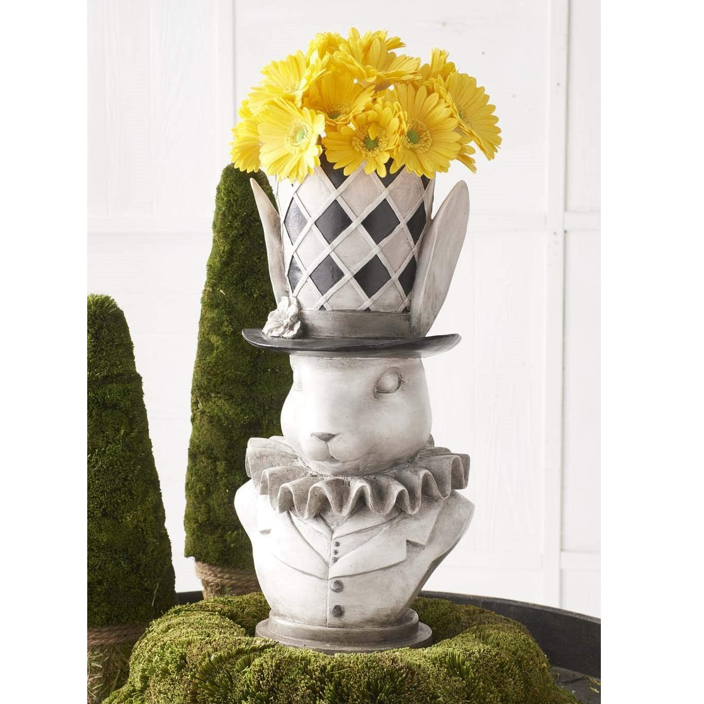 Gray & Black Bunny Rabbit Bust with Top Hat Container Vase