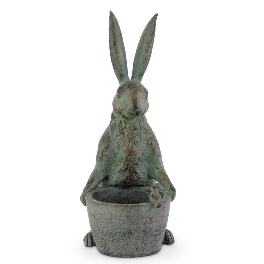 Patina Green Bunny Rabbit with Planter and Bird