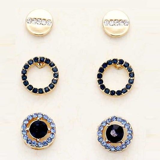 Rhinestone Embellished Round Stud Earrings (Set of 3)