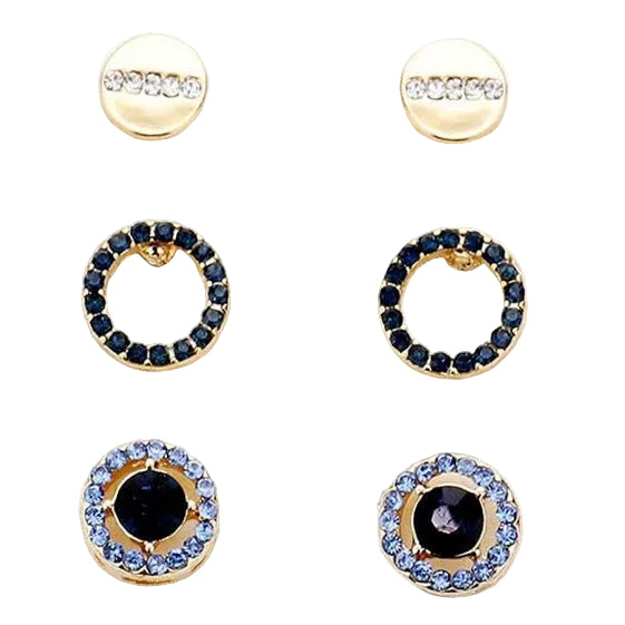 A set of three pairs of round stud earrings, with the top pair featuring a gold circle with a diamond-like pattern, and the bottom two pairs featuring blue rhinestone embellishments.