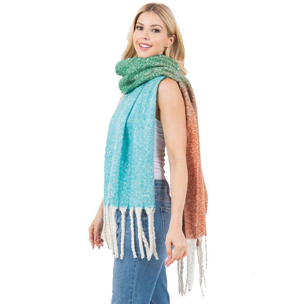 Three Tone Soft Twisted Fringe Scarf (Green)