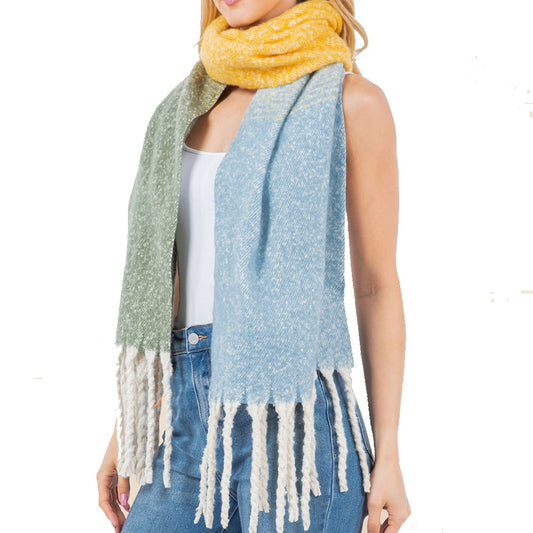Three Tone Soft Twisted Fringe Scarf (Yellow)