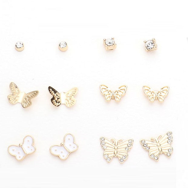 Rhinestone Enamel Butterfly Stud Earrings (6 Pair Set)