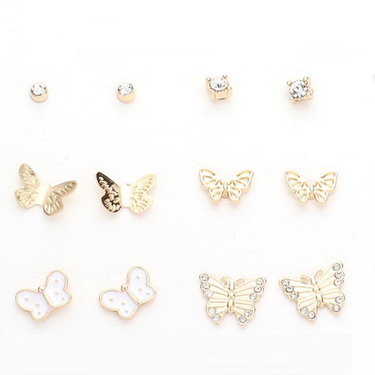 Rhinestone Enamel Butterfly Stud Earrings (6 Pair Set)