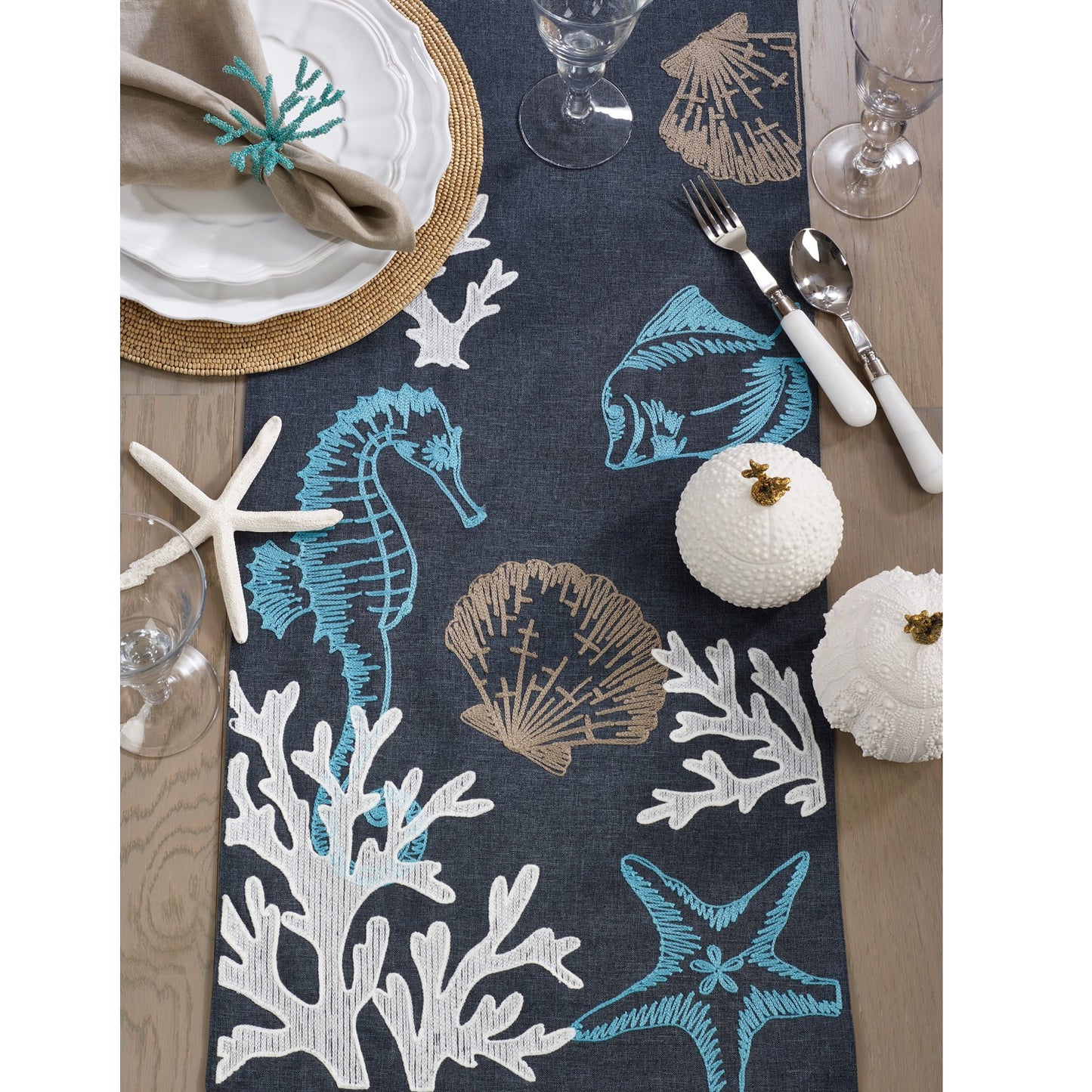Embroidered Coastal Sea Life Table Runner - 16"x70"