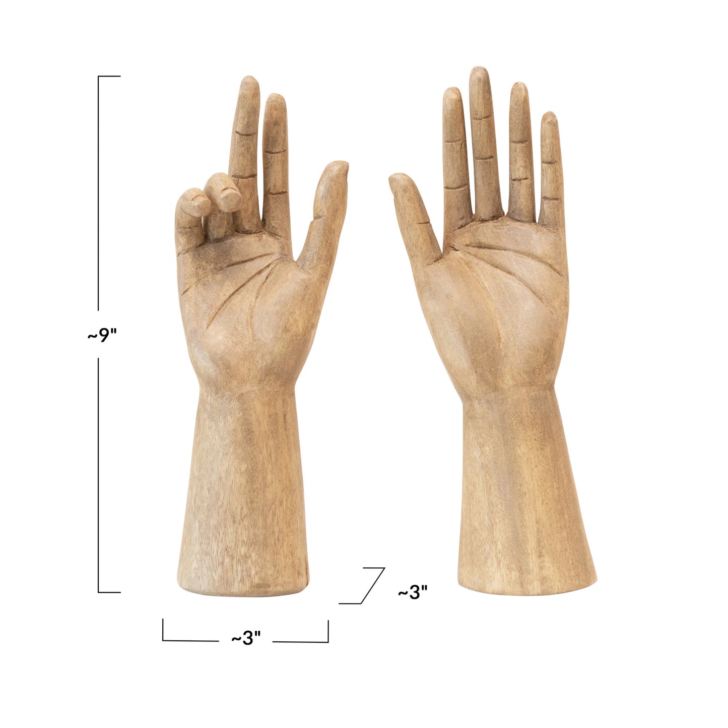 Hand-Carved Mango Wood Hands, Large (Hangs or Sits, Set of 2)