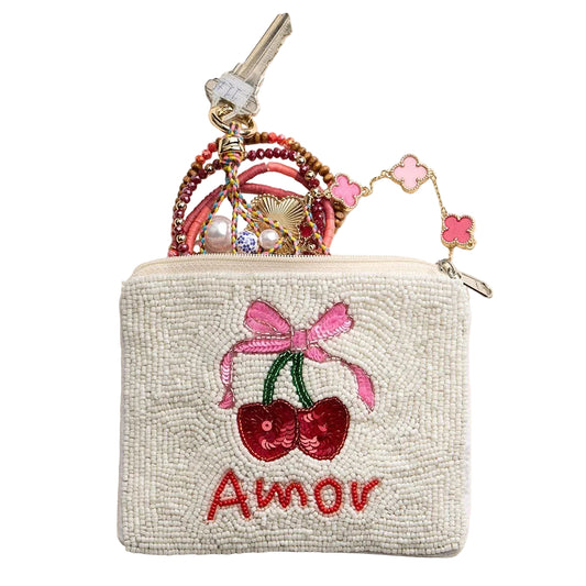 "Amor" Bow Cherry Seed Beaded Coin Purse