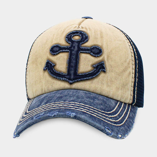 Anchor Mesh Back Vintage Baseball Cap Hat (Beige)