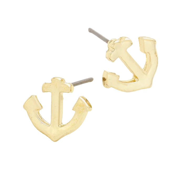 A pair of gold-colored anchor-shaped earrings with post back closures.
