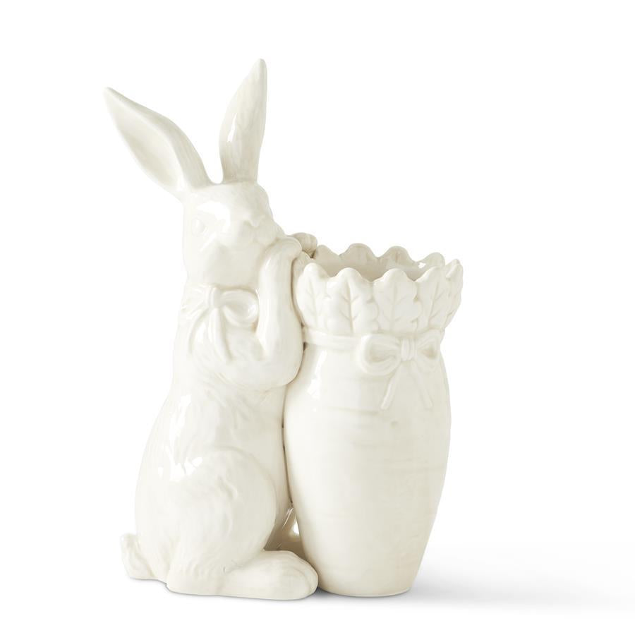 Antiqued White Carrot Vase with Bunny Rabbit