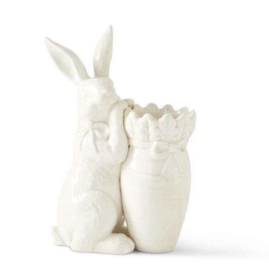 Antiqued White Carrot Vase with Bunny Rabbit