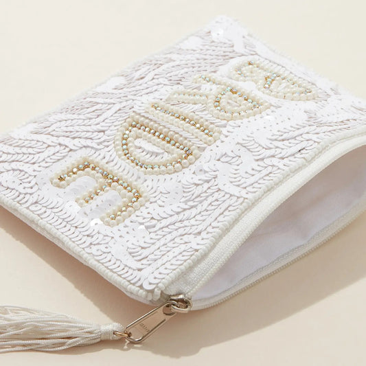 "Bride" Beaded Zippered Clutch Pouch - Coin Purse - with a Tassel