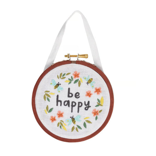 Be Happy Floral Embroidered Hoop