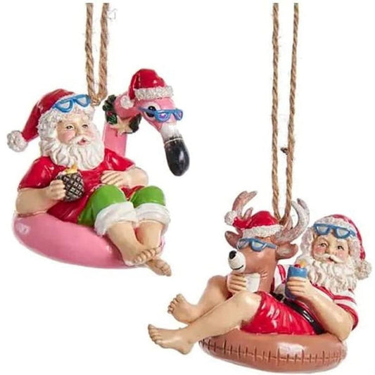Beach Santa On Float Christmas Tree Ornament Set (Flamingo & Reindeer)