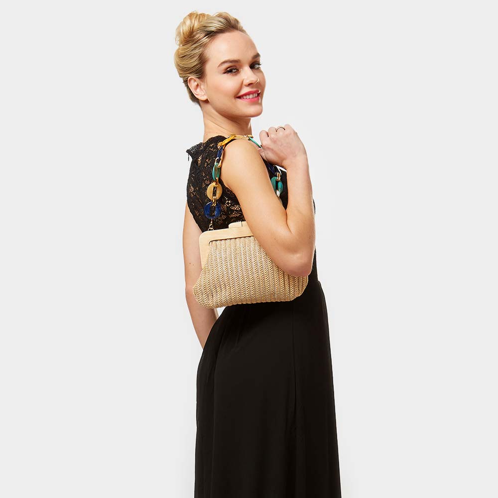 Bead Handle Wood Woven Purse - Clutch Bag (Beige)