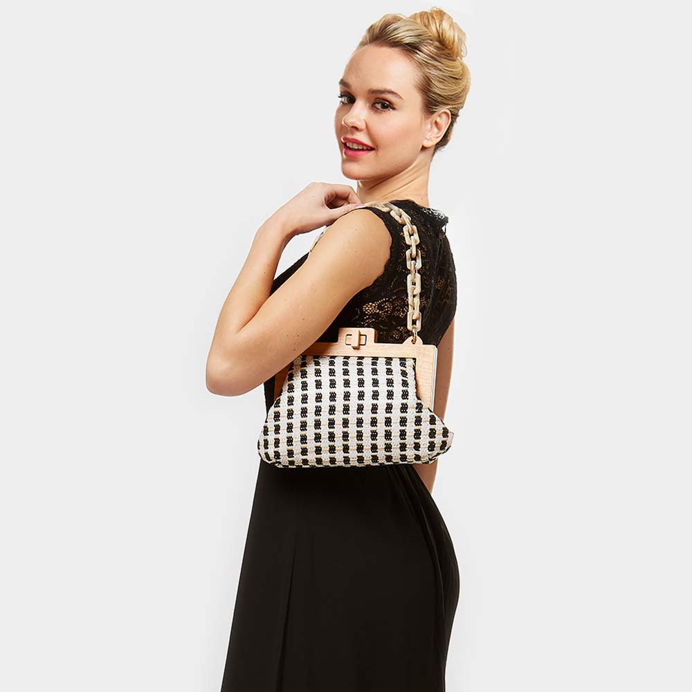 Bead Handle Wood Woven Purse - Clutch Bag (White & Black)