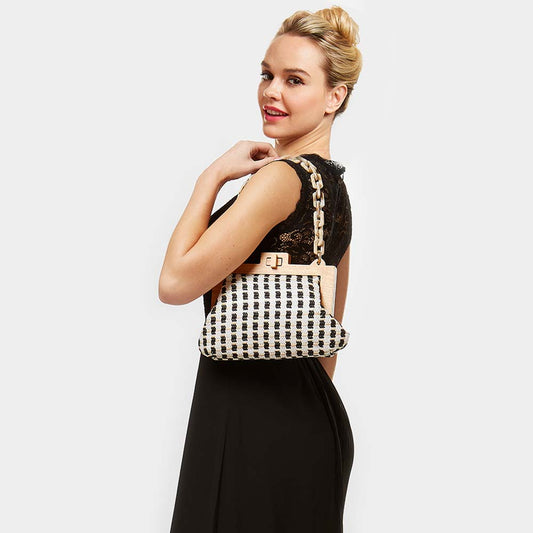 Bead Handle Wood Woven Purse - Clutch Bag (White & Black)
