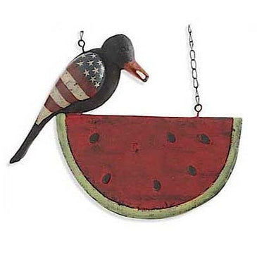 A resin double-sided arrow replacement sign featuring a crow standing on a watermelon slice, primarily red with a green edge on the watermelon part.