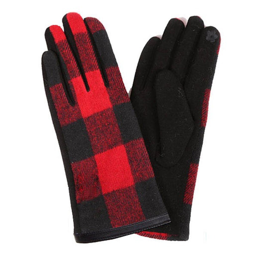 Buffalo Plaid Check Tweed Smart Touch Winter Gloves (Red , Black)