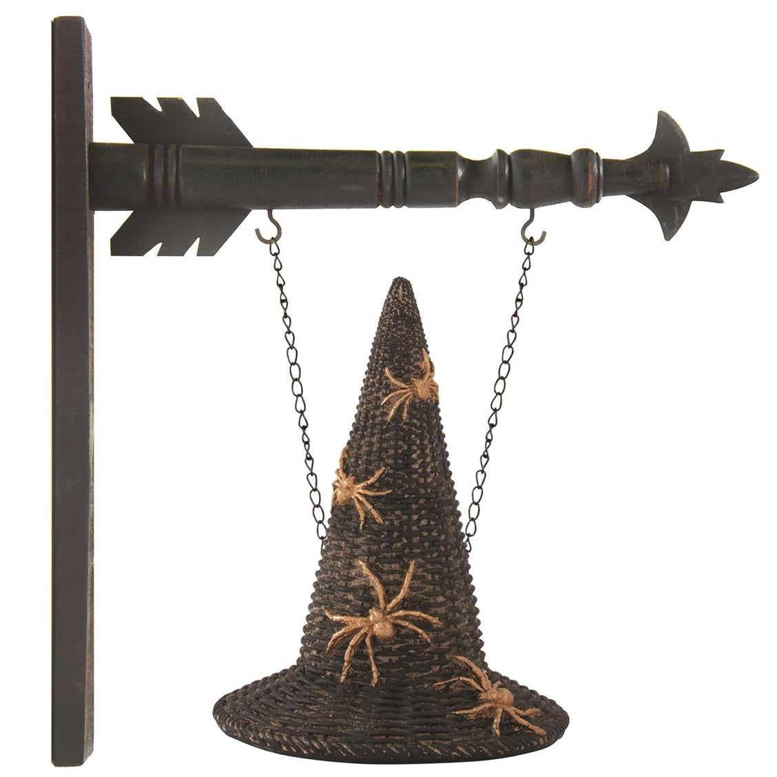Decorative textured witch hat with gold spiders arrow replacement sign hanging from a black arrow-shaped wall hook on a white background.