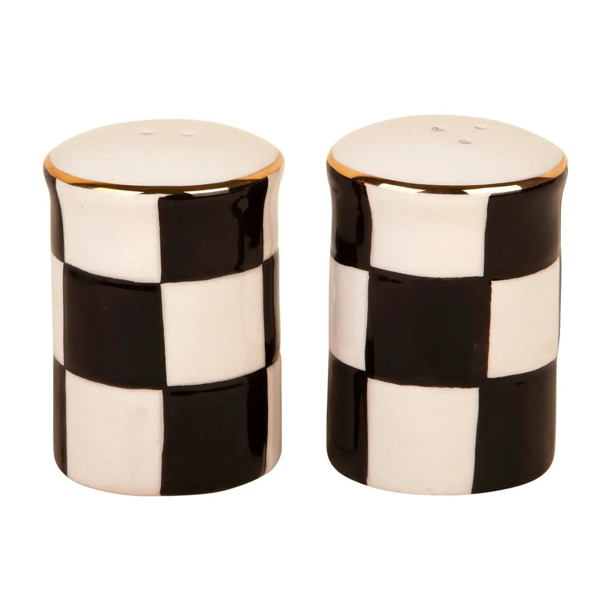 Black and white checkered ceramic salt and pepper shaker set finished with elegant gold-tone rims. A playful, stylish addition to any table or kitchen.
