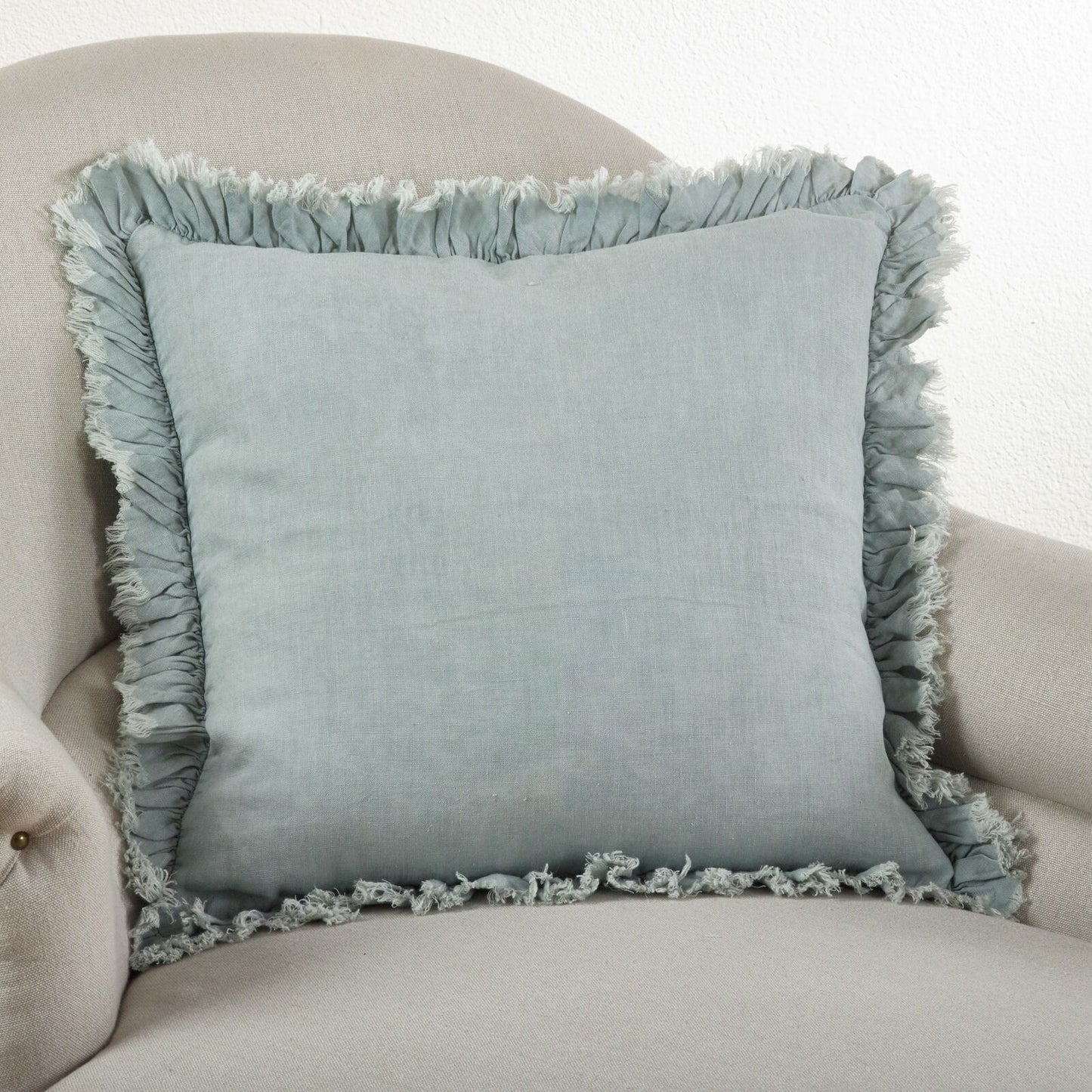 Blue Grey Frayed Ruffled Linen Down Filled Throw Pillow