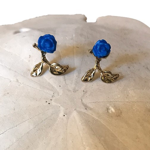 Blue Rose on Gold Stem with Leaves Stud Earrings