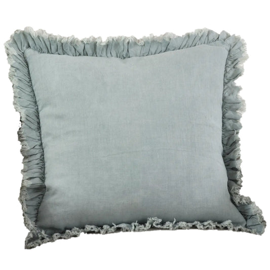 Blue Grey Frayed Ruffled Linen Down Filled Throw Pillow