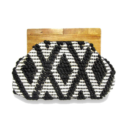 Boho Wood Handle Clutch Purse - Handbag (Black & White)