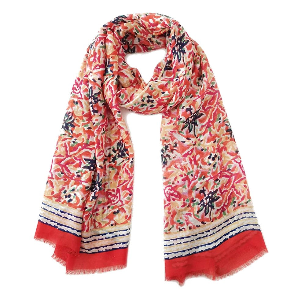 Bordered Floral Scarf Shawl (Red)