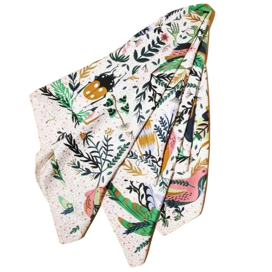 Botanical bird square satin scarf—elegant, lightweight, and perfect for adding a chic, nature-inspired touch to any outfit.