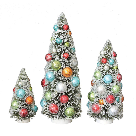 Multi Color Bottle Brush Christmas Trees with Ornaments, Set of 3