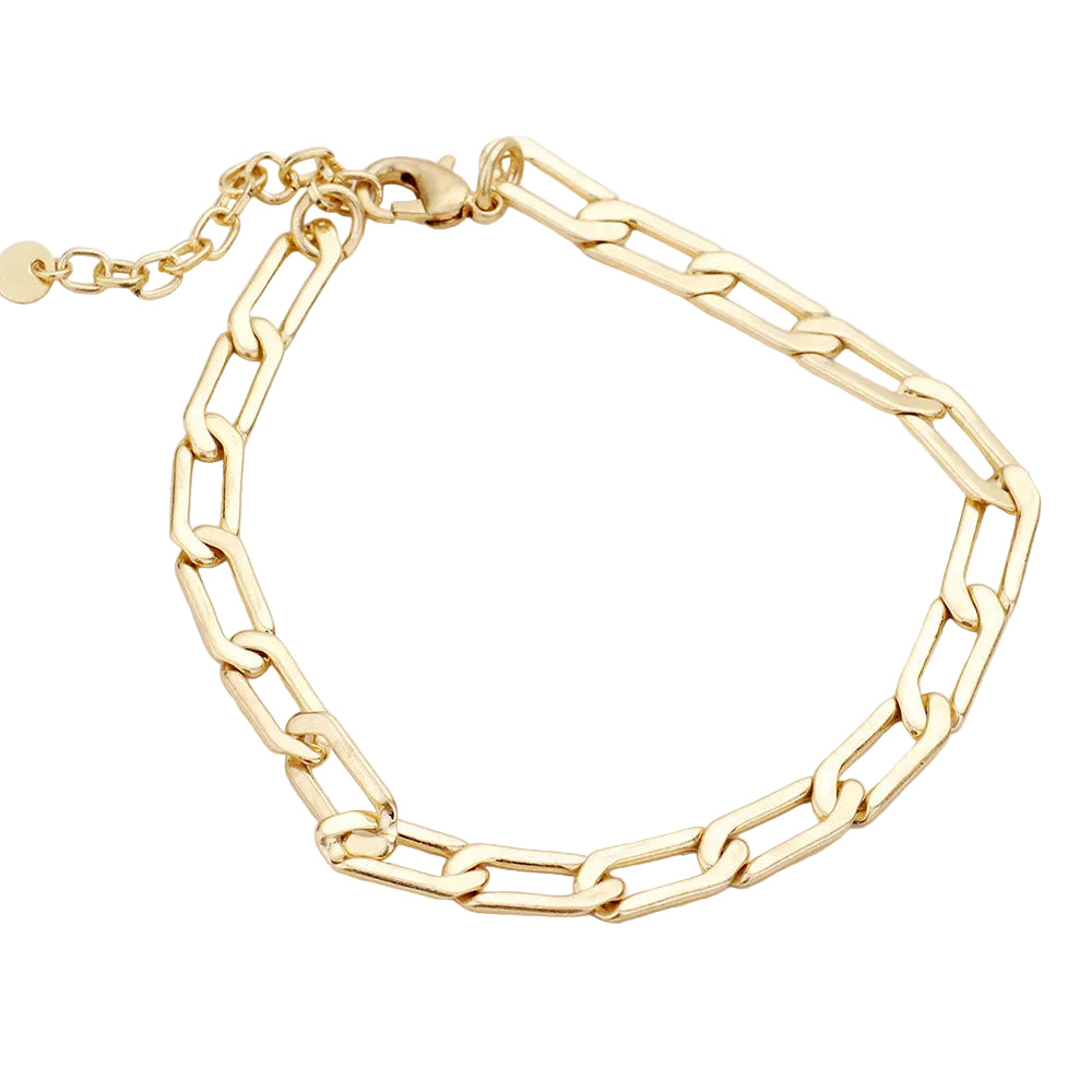 A gold metal chain link bracelet with a clasp closure.