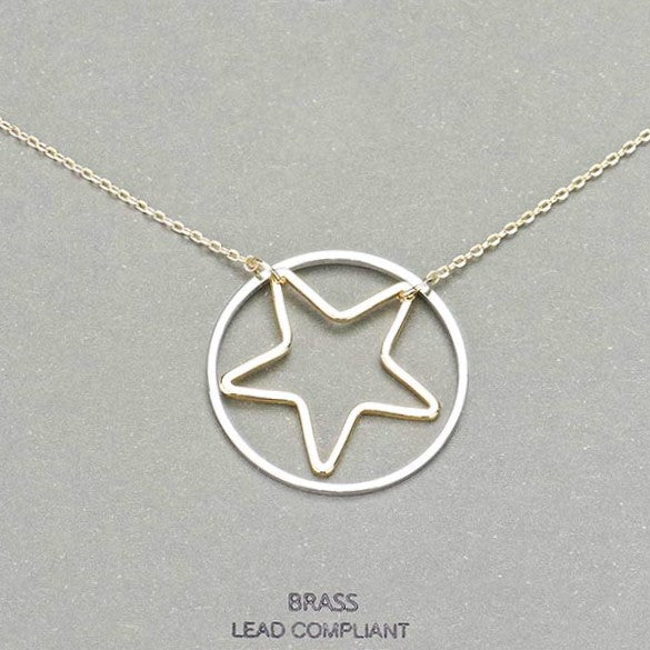 Two Tone Open Circle Star Pendant Necklace