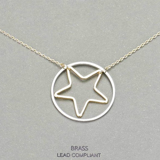 Two Tone Open Circle Star Pendant Necklace