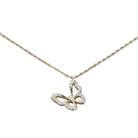 A gold-colored pave butterfly pendant necklace on a grey background.